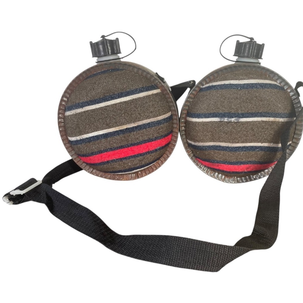 Vintage Wool Striped Canteens Set 2 Western Cowboy Camping Hiking Bottles